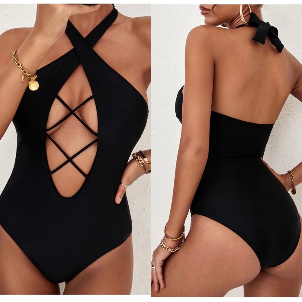 Black Cut-out Criss Cross Halter Neck One-piece Swimsuit